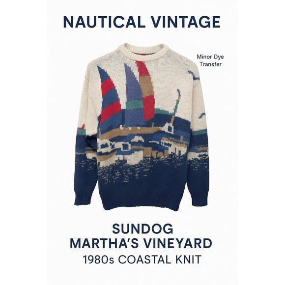 Vintage Sundog Martha’s Vineyard Sailboat Sweater | 80s Coastal Knit Art Scene | - Picture 11 of 11